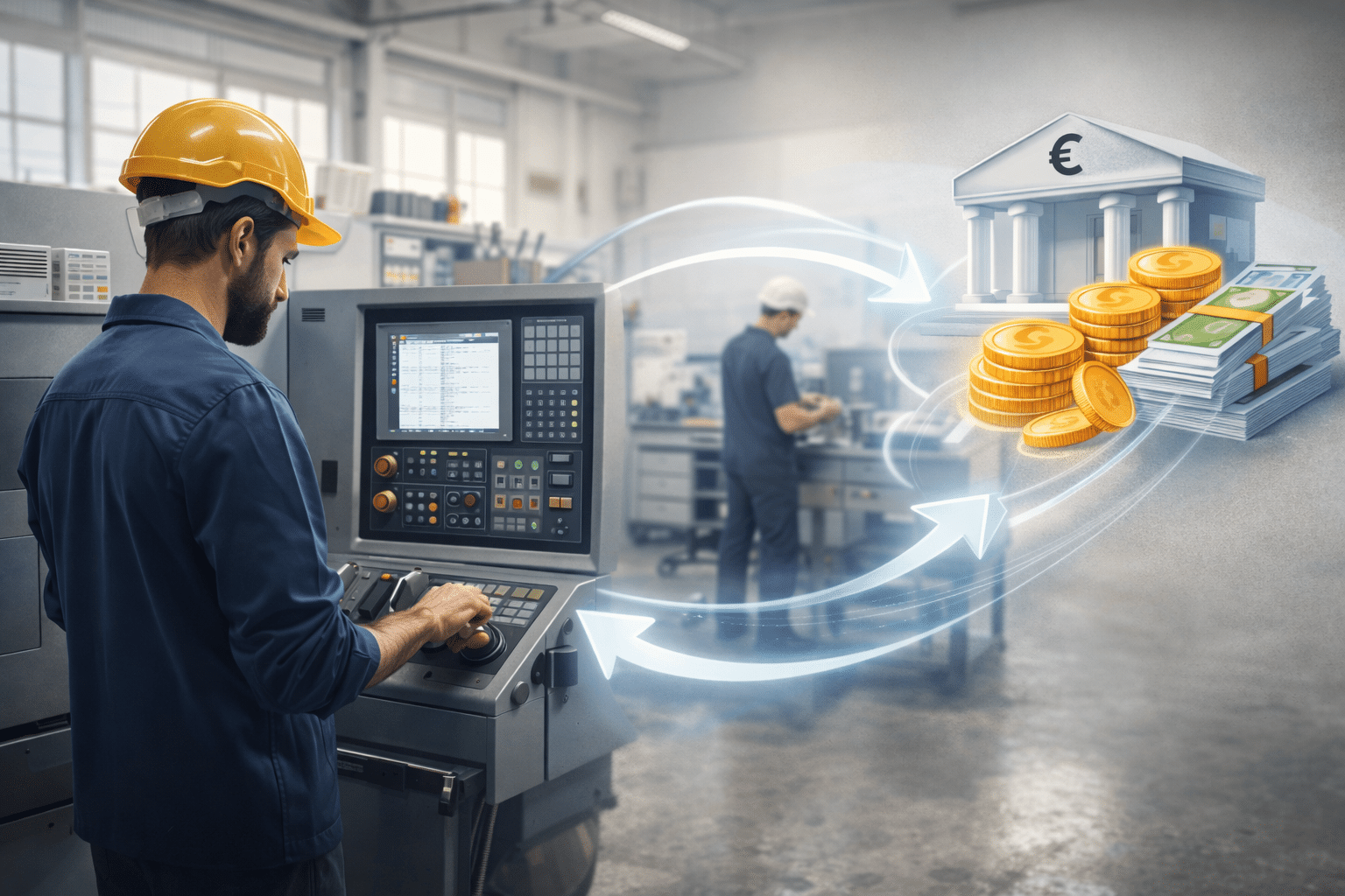 Financement en lease-back sans changement d’équipement Employé utilisant une machine industrielle en atelier dans le cadre d’un financement de trésorerie en lease-back